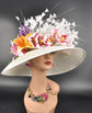 Ivory Sinamay Kentucky Derby Hat: Wide Brim, Lily & Orchid Flowers