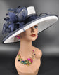 Church  Kentucky Derby Hat Carriage Tea Party Wedding Wide Brim Woman’s Royal Ascot Hat in Solid Sinamay Hat  White w Navy Blue