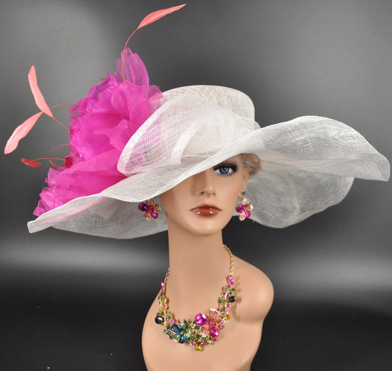 White w Fuchsia Coral Pink Jumbo Silk Flower, Kentucky Derby hat, Church hat, Wedding hat, Tea Party hat ,Floppy Wide Brim Sinamay Dress Hat