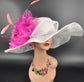 White w Fuchsia Coral Pink Jumbo Silk Flower, Kentucky Derby hat, Church hat, Wedding hat, Tea Party hat ,Floppy Wide Brim Sinamay Dress Hat