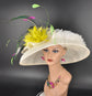 Wide Brim Sinamay Kentucky Derby Hat: Ivory, Yellow, & Peacock Feather