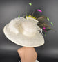 Wide Brim Sinamay Kentucky Derby Hat: Ivory, Yellow, & Peacock Feather