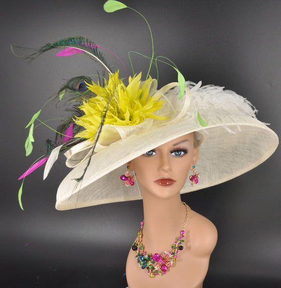 Wide Brim Sinamay Derby Hat: Ivory, Yellow, & Peacock Feather