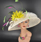 Wide Brim Sinamay Kentucky Derby Hat: Ivory, Yellow, & Peacock Feather