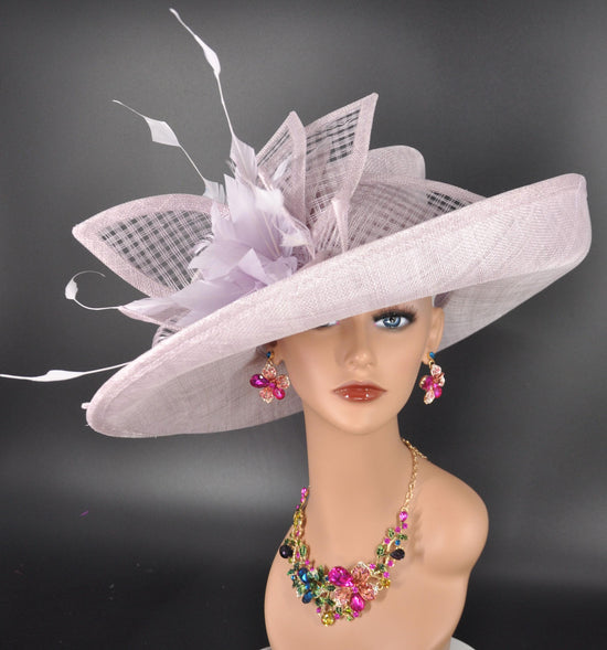 Lilac Sinamay Derby Hat: Feather Flower Wide Brim
