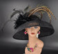 Wide Brim Sinamay Derby Hat: Black Feathered Tea Party Hat