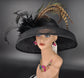 Wide Brim Sinamay Derby Hat: Black Feathered Tea Party Hat