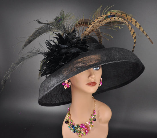Wide Brim Sinamay Derby Hat: Black Feathered Tea Party Hat