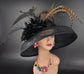 Wide Brim Sinamay Derby Hat: Black Feathered Tea Party Hat