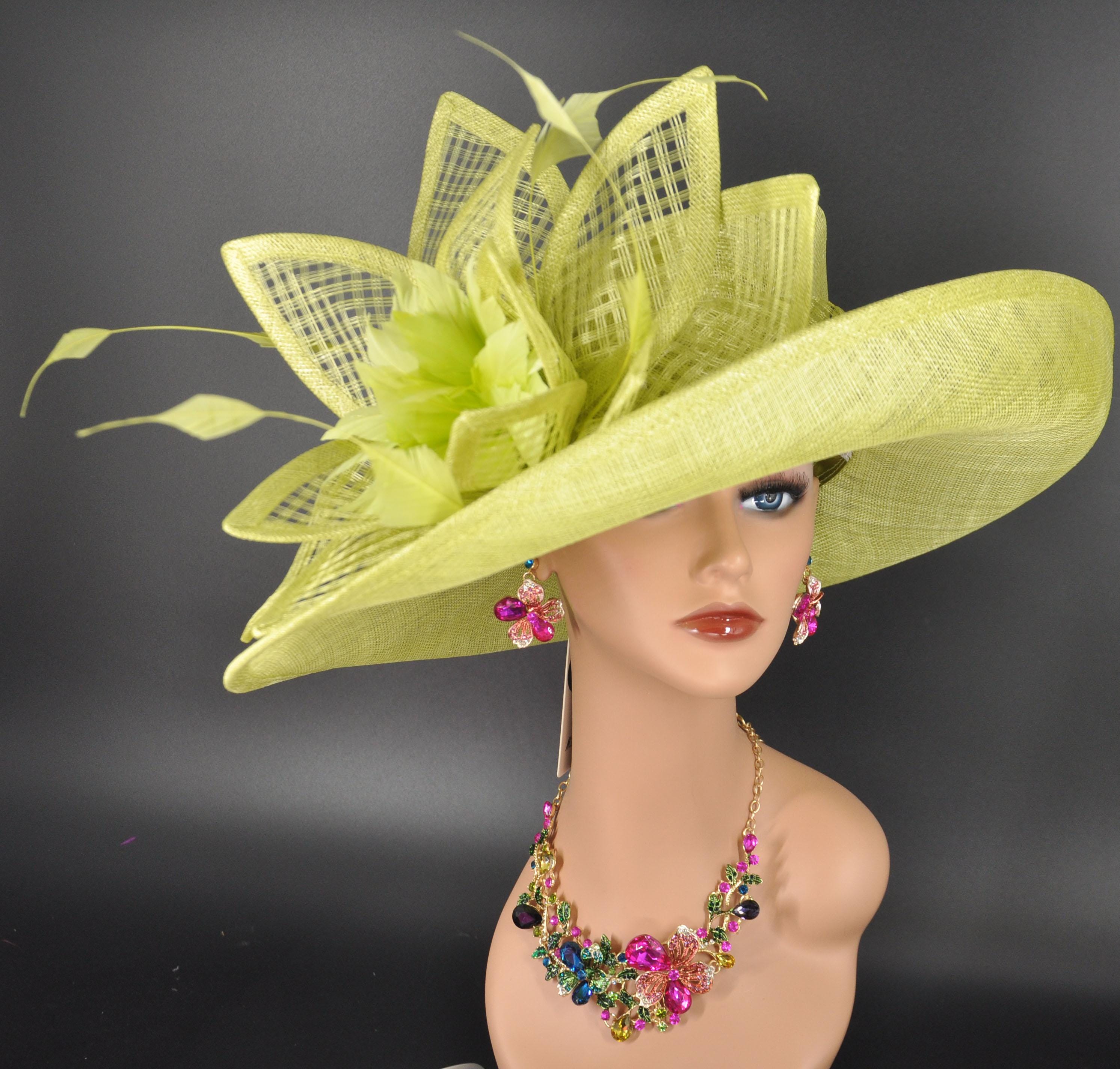 Green Riding Hat Lime Green Derby Hat: Wide Brim Sinamay Church Hat – Miss Race Derby Hats