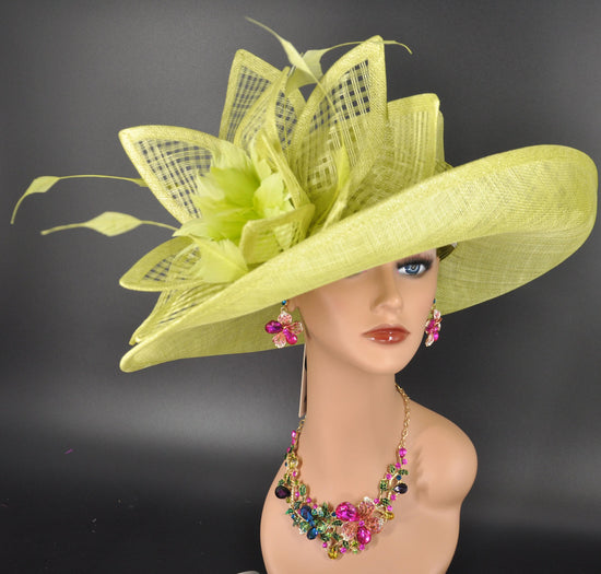 Lime Green Kentucky Derby Hat: Wide Brim Sinamay Church Hat