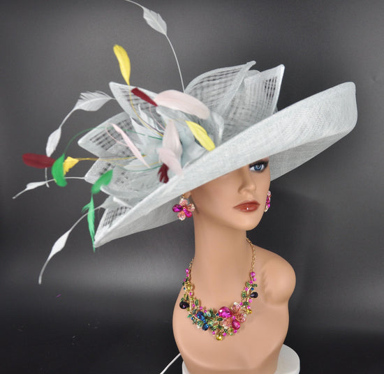 Church, Kentucky Derby Hat ,Carriage, Tea Party, Wedding,Wide Brim Sinamay Hat, Horse Race Hat, Oaks day hat Powder Blue w Yellow Pink Green