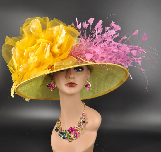 Wide Brim Sinamay Kentucky Derby Hat: Green, Yellow, Pink Feather Flowers