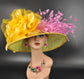 Wide Brim Sinamay Kentucky Derby Hat: Green, Yellow, Pink Feather Flowers