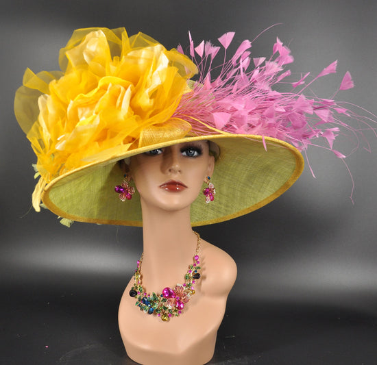 Wide Brim Sinamay Derby Hat: Green, Yellow, Pink Feather Flowers
