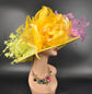 Wide Brim Sinamay Kentucky Derby Hat: Green, Yellow, Pink Feather Flowers