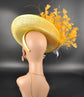 Yellow Sinamay Fascinator Hat: Lavender & Orange Feather Flowers