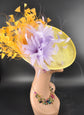 Yellow Sinamay Fascinator Hat: Lavender & Orange Feather Flowers