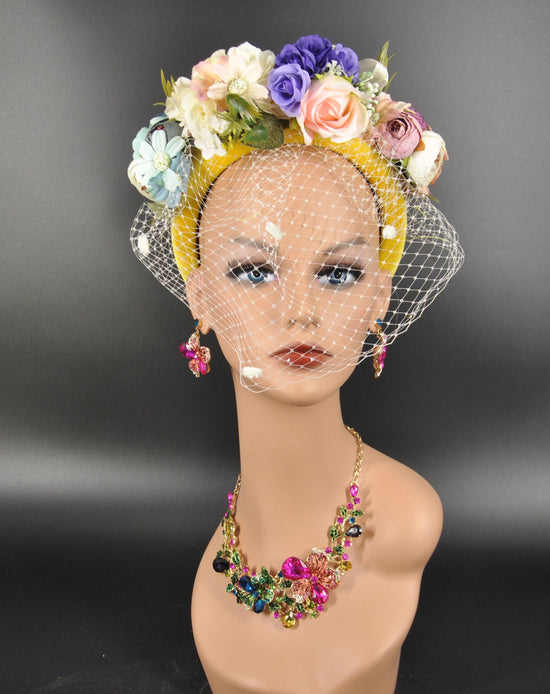 Floral Rose Kentucky Derby Hat: Yellow, Ivory, Pink Wedding Crown