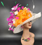 Wide Brim Sinamay Derby Hat: Fuchsia, Pink & Orange Feather Church Hat