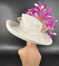 Wide Brim Sinamay Derby Hat: Fuchsia, Pink & Orange Feather Church Hat