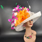 Wide Brim Sinamay Derby Hat: Fuchsia, Pink & Orange Feather Church Hat