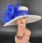Church Kentucky Derby Hat Carriage Tea Party Wedding Wide Brim  Royal Ascot Horse Race Oaks day hat White with Royal Blue