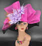 Black Sinamay Kentucky Derby Hat: Fuchsia Pink Feather Flower Wide Brim