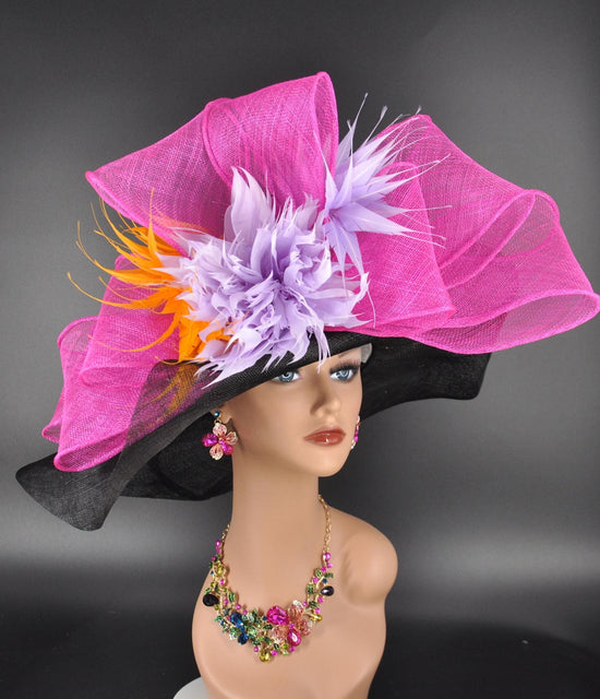 Black Sinamay Derby Hat: Fuchsia Pink Feather Flower Wide Brim