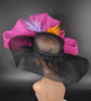 Black Sinamay Kentucky Derby Hat: Fuchsia Pink Feather Flower Wide Brim