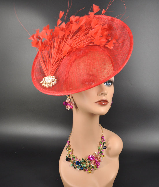 Red Sinamay Fascinator: Feather Flower Derby Hat