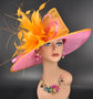 Hot Pink w Orange Feather Flower  Kentucky Derby Hat, Tea Party, Carriage Party, Easter Day Hat, Wide brim Sinamay Hat