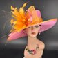 Hot Pink w Orange Feather Flower  Kentucky Derby Hat, Tea Party, Carriage Party, Easter Day Hat, Wide brim Sinamay Hat