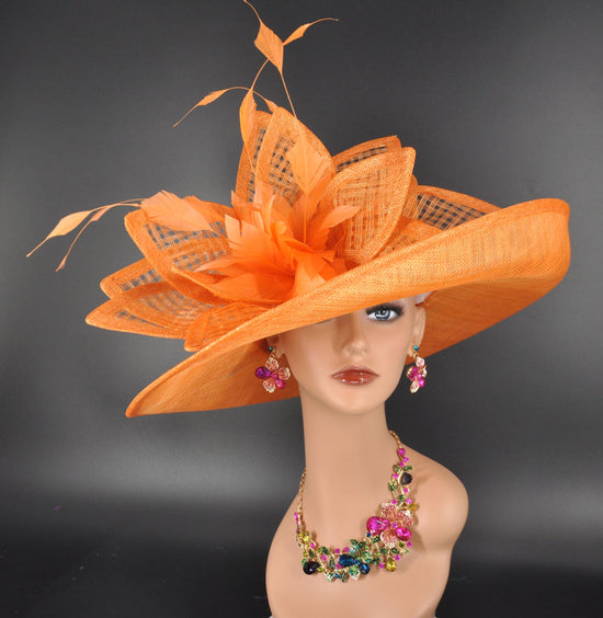 Orange Sinamay Derby Hat: Wide Brim Feathered Ascot Hat