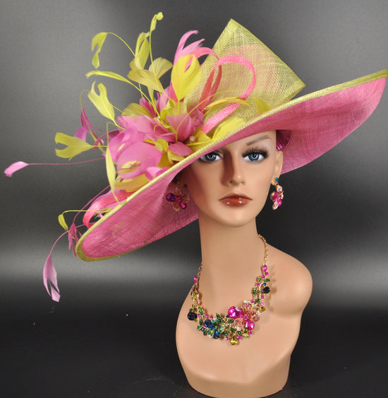 Hot Pink w Lime Green Feather Flower Kentucky Derby Hat Tea Party Carriage Party Wedding Wide Brim Sinamay Hat