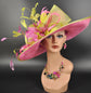 Hot Pink w Lime Green Feather Flower Kentucky Derby Hat Tea Party Carriage Party Wedding Wide Brim Sinamay Hat