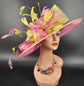 Hot Pink w Lime Green Feather Flower Kentucky Derby Hat Tea Party Carriage Party Wedding Wide Brim Sinamay Hat