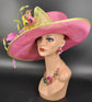 Hot Pink w Lime Green Feather Flower Kentucky Derby Hat Tea Party Carriage Party Wedding Wide Brim Sinamay Hat