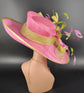 Hot Pink w Lime Green Feather Flower Kentucky Derby Hat Tea Party Carriage Party Wedding Wide Brim Sinamay Hat