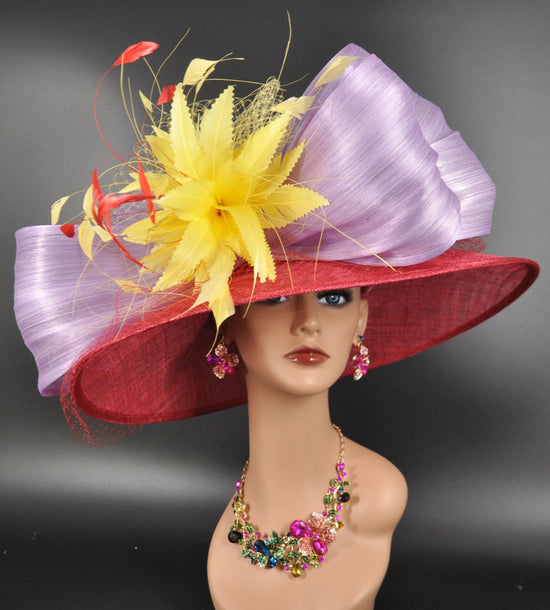 Wide Brim Sinamay Derby Hat: Red, Lavender, Yellow Silk Abaca Bows