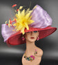 Wide Brim Sinamay Derby Hat: Red, Lavender, Yellow Silk Abaca Bows