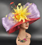 Wide Brim Sinamay Derby Hat: Red, Lavender, Yellow Silk Abaca Bows