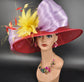 Wide Brim Sinamay Derby Hat: Red, Lavender, Yellow Silk Abaca Bows