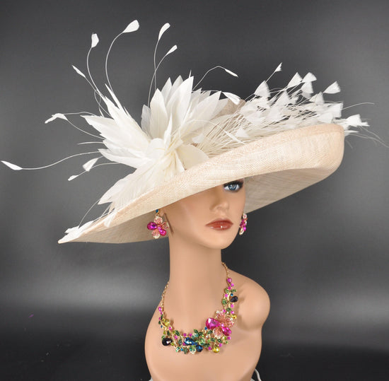 Champagne Sinamay Derby Hat: Wide Brim Wedding Tea Party Hat