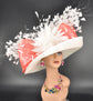 Ivory Sinamay Kentucky Derby Hat: Coral Pink Wedding Tea Party Hat