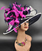 Navy & Fuchsia Pink Derby Hat: Wide Brim Sinamay Feather Church Hat