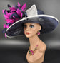 Navy & Fuchsia Pink Derby Hat: Wide Brim Sinamay Feather Church Hat