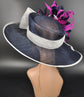 Navy & Fuchsia Pink Derby Hat: Wide Brim Sinamay Feather Church Hat