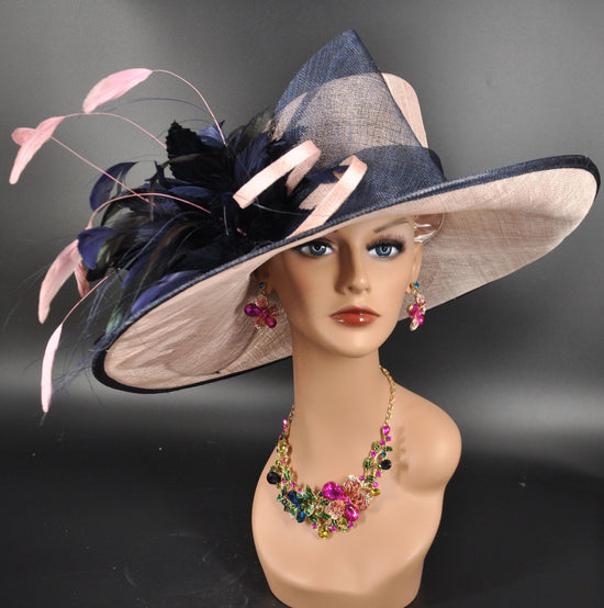 Sinamay Kentucky Derby Hat: Blush Pink, Navy Feather Flower