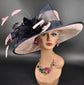 Sinamay Kentucky Derby Hat: Blush Pink, Navy Feather Flower
